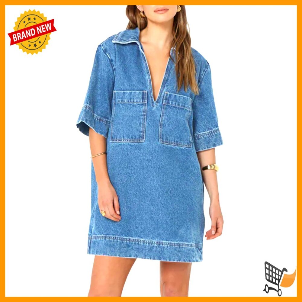 Denim Shirt Dress V Neck Collared Mini Casual With Pockets